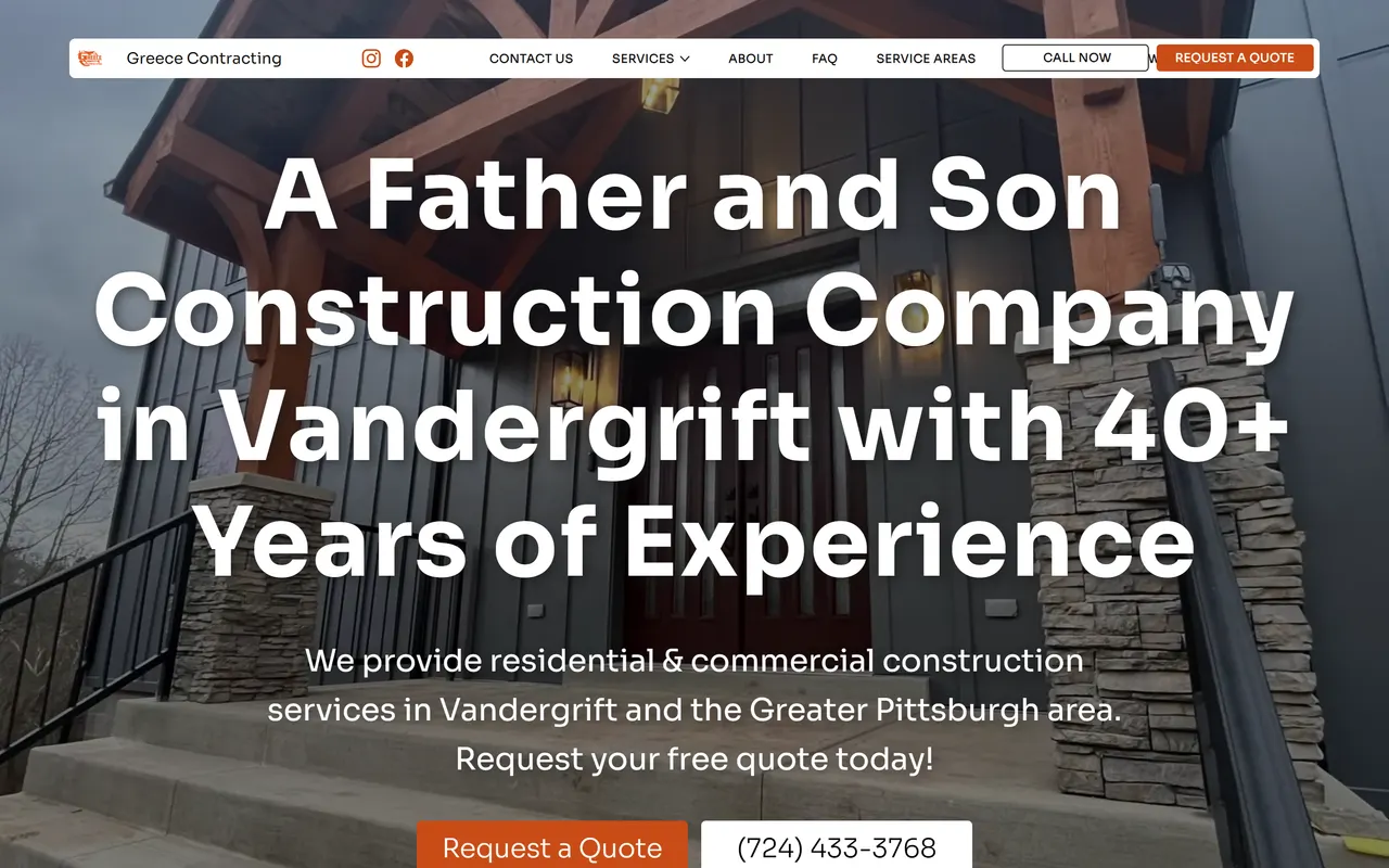 The Greece Contracting website homepage, a father and son commercial construction company in Vandergrift