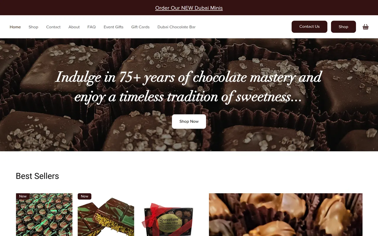 The Sweetlane Chocolate Shop website homepage, a handmade chocolate shop in Vandergrift making candy by hand for seventy-five years