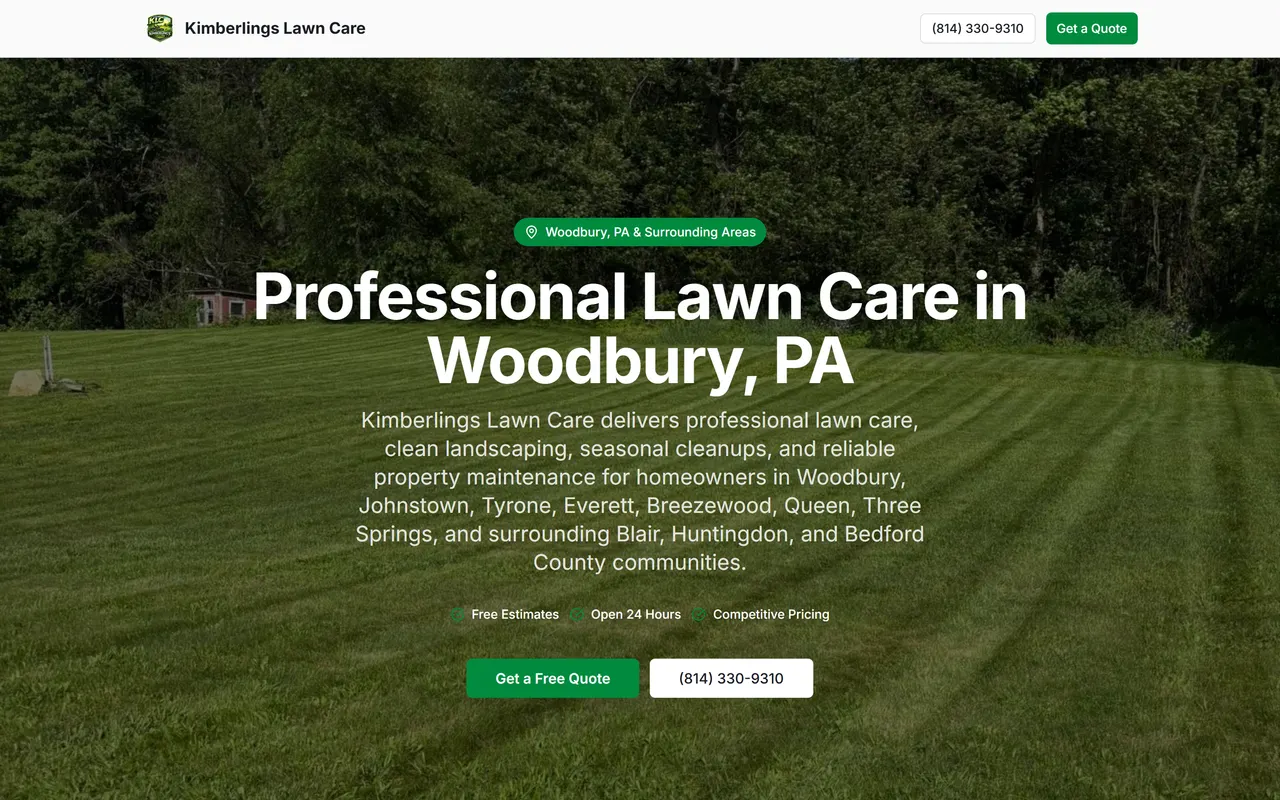 The Kimberlings Lawn Care website homepage, a lawn care and snow removal company in Woodbury, Pennsylvania