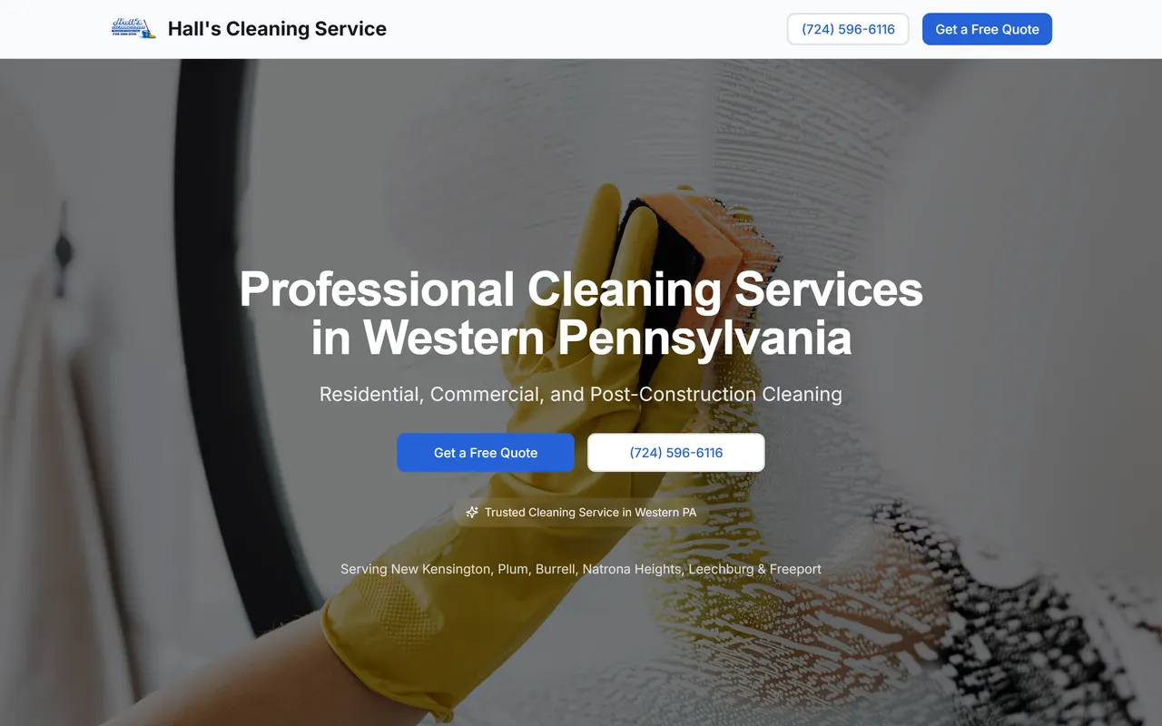 The Hall's Cleaning Service website homepage, a residential and commercial cleaning company in Western Pennsylvania