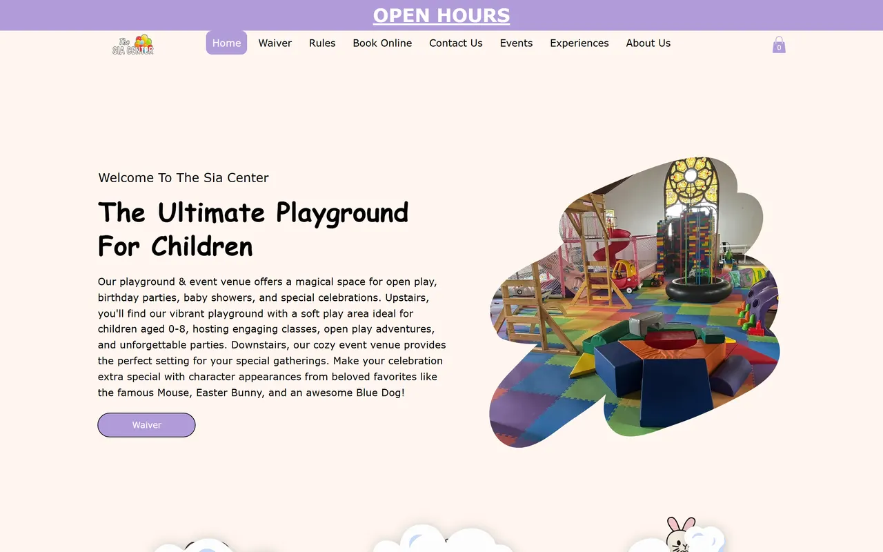 The Sia Center website homepage, an indoor playground and children's event venue in Vandergrift
